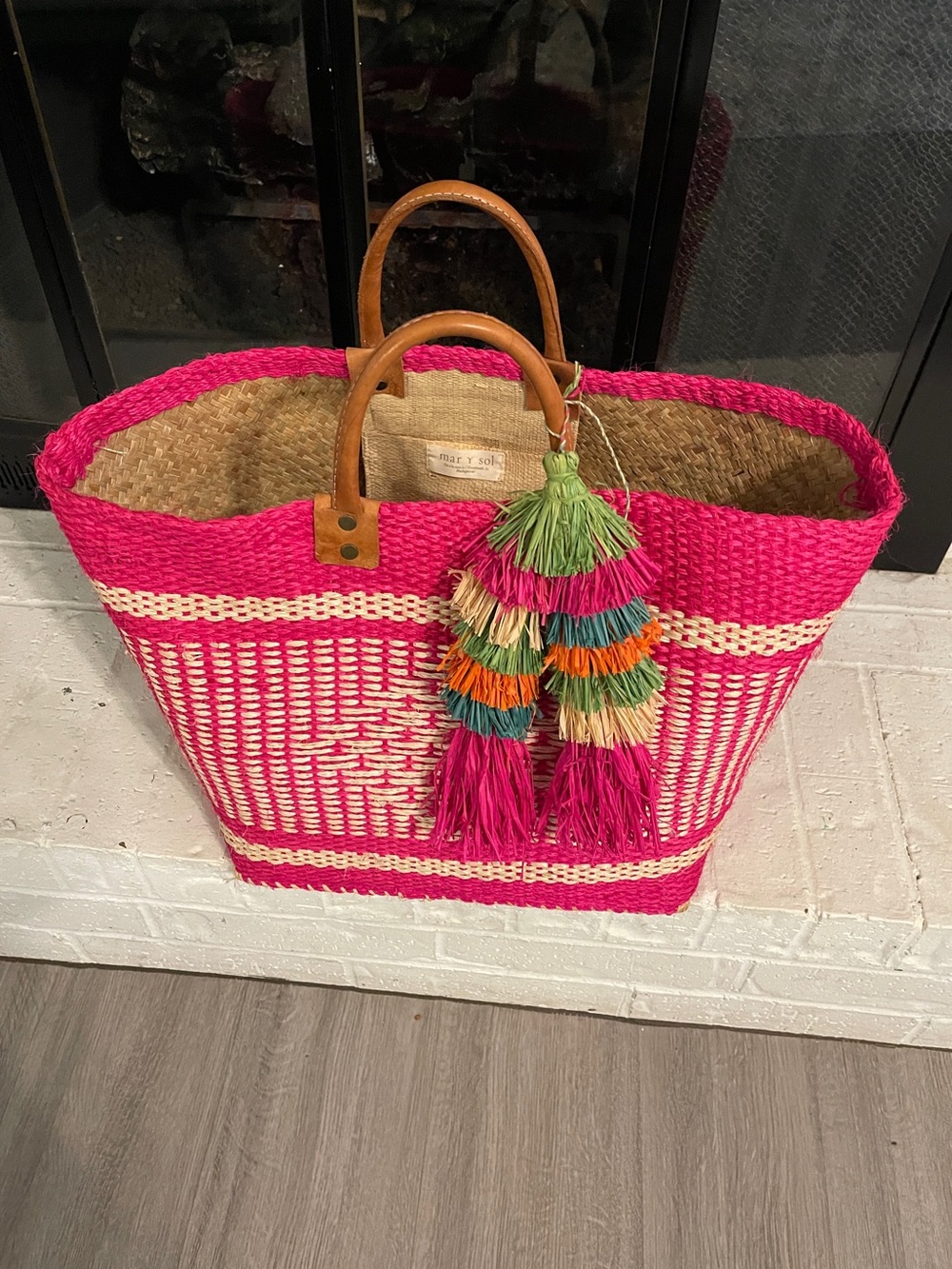 Handwoven Pink & Natural Straw Tote with Colorful Tassel